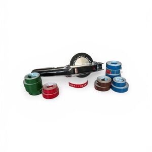 Dymo 1570 Label Gun Vintage with Brown, Blue, Red, and Green Label Rolls